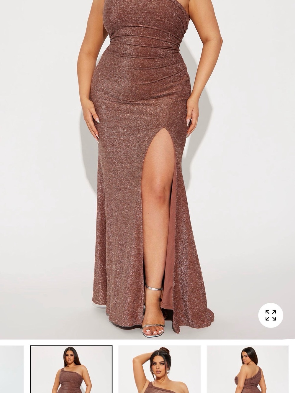 Fashion Nova Metallic Copper One-Shoulder Maxi Skirt with High Slit
